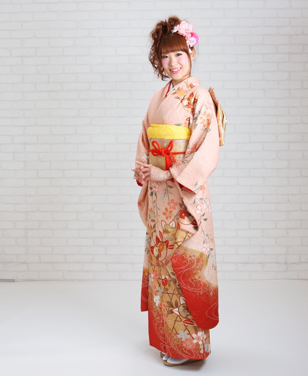 振袖 2月〜12月使用 振袖 レンタル サーモンピンク色 ラメ糸ふくれ織しだれ桜橋 NT-179 送料無料 振袖 レンタル サーモンピンク色/ラメ糸ふくれ織しだれ桜橋 結婚式