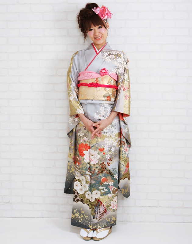 振袖 レンタル グレー色/おしどり四季花 結婚式 成人式 結納 NT-189