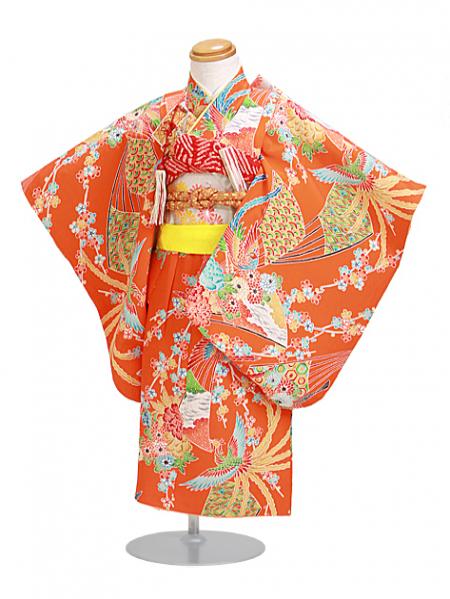 七五三 レンタル 女の子/3歳 七五三着物 朱色/扇小花〔身長：88cm,90cm