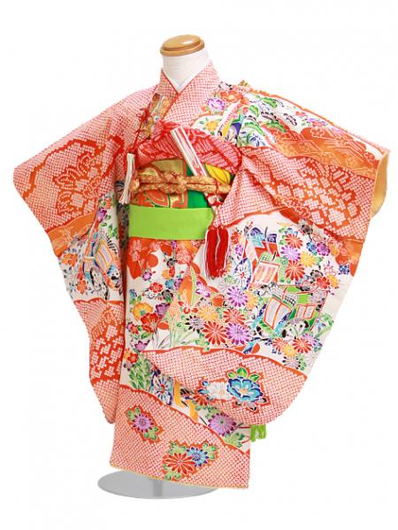 七五三 レンタル 女の子/3歳 七五三着物 朱色/御所車小花〔身長：88cm,90cm〕卒園式 結婚式 NT-316|七五三レンタル-女の子