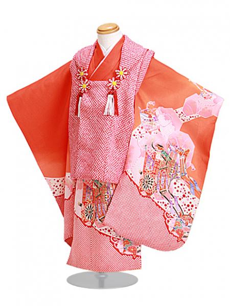 七五三 被布セット レンタル 女の子 3歳 朱色/御所車〔身長：96cm,98cm〕 卒園式 結婚式 NT-330-13|七五三レンタル-女の子
