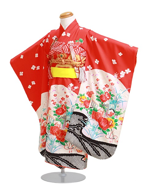 七五三 レンタル 女の子/3歳 七五三着物 赤黒色/御所車ぼたん〔身長：96cm,98cm〕卒園式 結婚式 NT-332|七五三レンタル-女の子