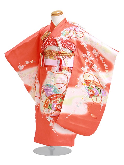 七五三 レンタル 女の子/3歳 七五三着物 朱色/扇〔身長：96cm,98cm〕卒園式 結婚式 NT-336|七五三レンタル-女の子