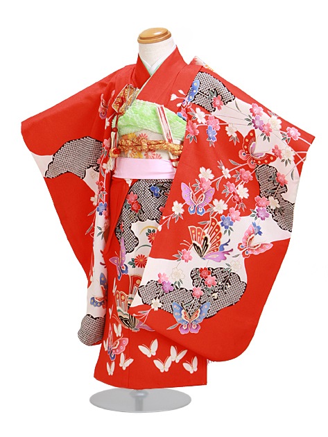 七五三 レンタル 女の子/3歳 七五三着物 赤色/蝶々〔身長：90cm,92cm〕卒園式 結婚式 NT-341|七五三レンタル-女の子