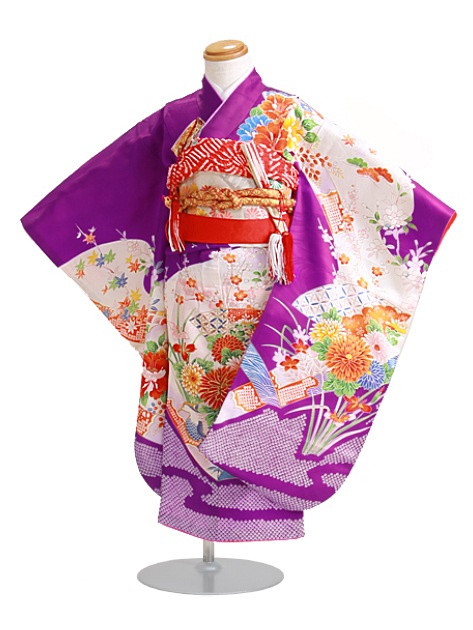 七五三 レンタル 女の子/3歳 七五三着物 紫色/花・扇〔身長：98cm〕卒園式 結婚式 NT-321|七五三レンタル-女の子