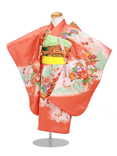 七五三 レンタル 女の子/3歳 七五三着物 朱色/小花つづみ〔身長：90cm,92cm〕卒園式 結婚式 NT-334|七五三レンタル-女の子