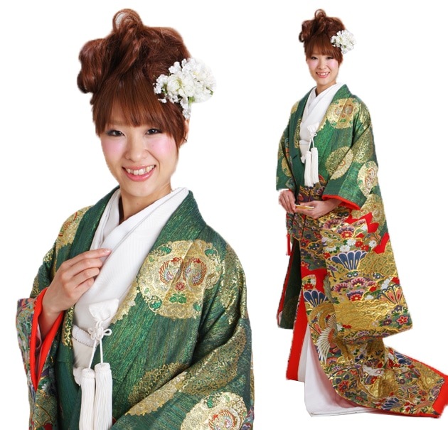 打掛 レンタル 色打掛 緑金色 正倉院雪輪取鳳凰文 NT-818 送料無料 色打掛レンタル 緑金色/正倉院雪輪取鳳凰文 NT-818 | 色打掛レンタル