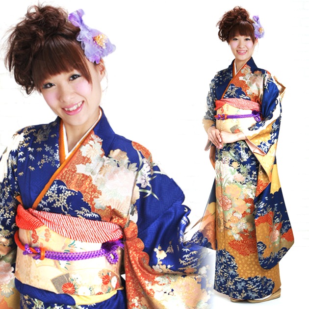 振袖 レンタル 紺色/花車に雲取 結婚式 成人式 結納 NT-152 | 振袖