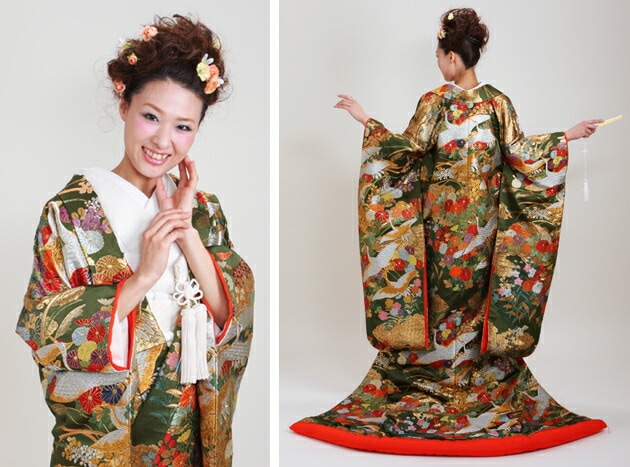 色打掛 花嫁衣裳 正絹　グリーン レンタル 色打掛 正絹 打掛 婚礼 結婚式 披露宴 着物 花嫁衣裳