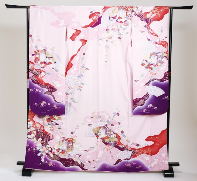 振袖 2月〜12月使用 振袖 レンタル ピンク色 御所車扇面梅もみじ NT-104 送料無料 振袖 レンタル ピンク色/御所車扇面梅もみじ 結婚式 成人式 結納 NT