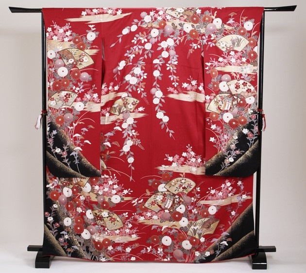 振袖 レンタル 赤色/扇面に御所車四季花 結婚式 成人式 結納 NT-200