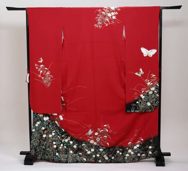 美品 本振袖 紅型染 朱赤 縮緬地 アゲハ蝶 吉祥花 身丈163cm フォーマル 美品 本振袖 紅型染 朱赤 縮緬地 アゲハ蝶 吉祥花 身丈163cm