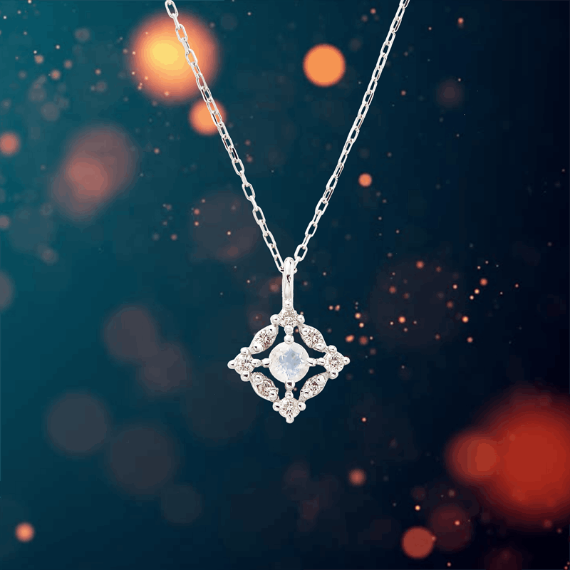 【Meteore】 K10 WG ホワイトゴールド ムーンストーン 0.05ct ダイヤモンド ネックレス 1136504153