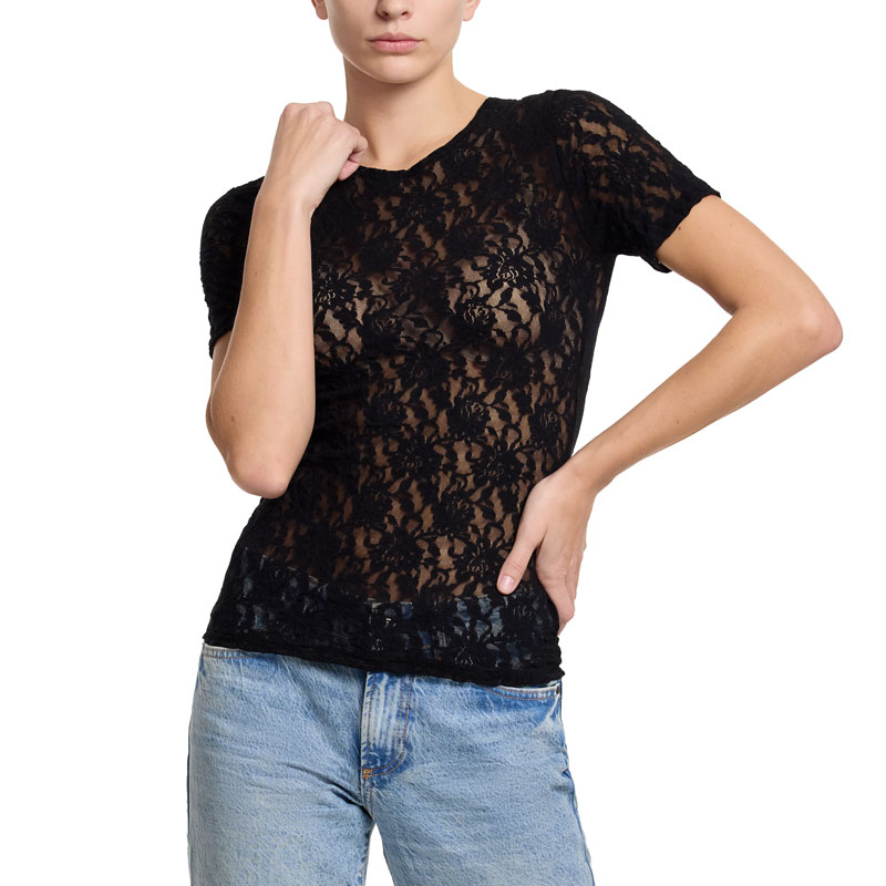 シグニチャー レース ショート スリーブ トップス (ブラック)