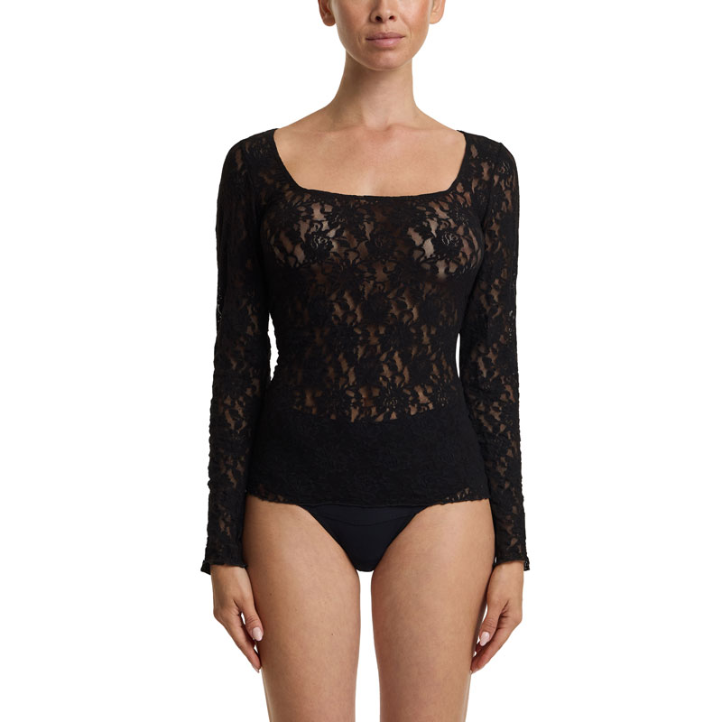 シグニチャー レース スクエア ネック ロング スリーブ トップ (ブラック)