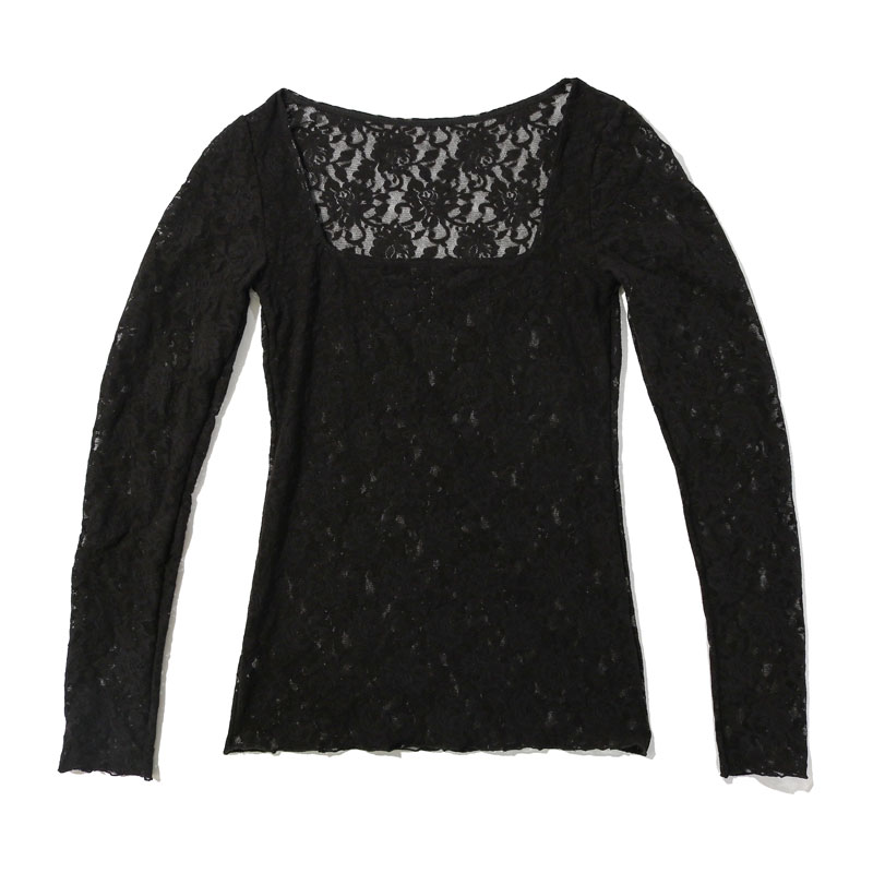 シグニチャー レース スクエア ネック ロング スリーブ トップ (ブラック)