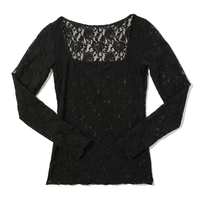 シグニチャー レース スクエア ネック ロング スリーブ トップ (ブラック)