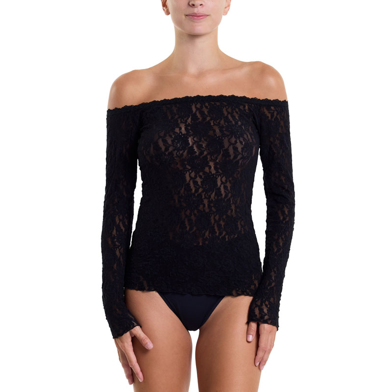 シグニチャー レース オフ ザ ショルダー ロングスリーブ トップ (ブラック)