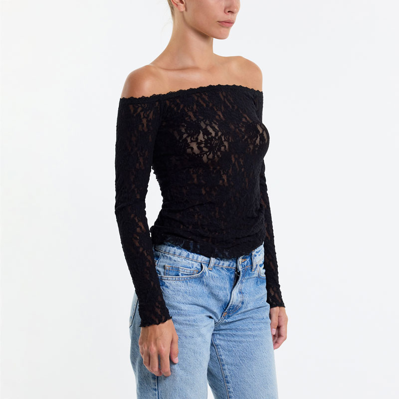 シグニチャー レース オフ ザ ショルダー ロングスリーブ トップ (ブラック)
