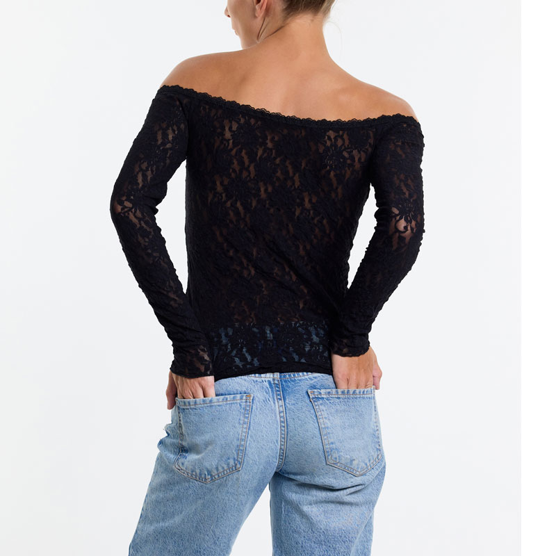 シグニチャー レース オフ ザ ショルダー ロングスリーブ トップ (ブラック)