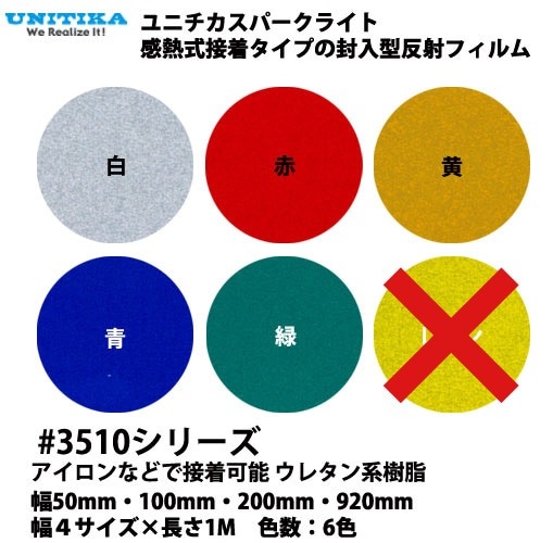 【アイロン接着タイプ】ユニチカスパークライト 封入レンズ型反射フィルム ＃3510シリーズ 5色×幅4サイズ×1M