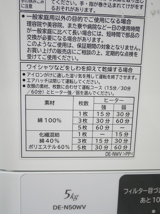 ��Ω��/���ഥ�絡/2020ǯ��/��������5.0kg/DE-N50WV