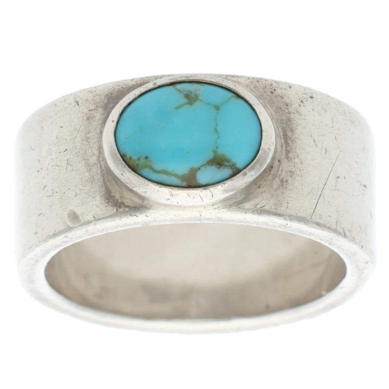 ターコイズ付き平打ちリング 〈9号〉 模様あり 【取扱：原宿シルバー店