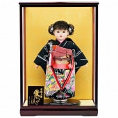 市松人形 齊藤公司作 13号 黒地 ケース入り 横幅42cm