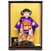 市松人形 齊藤公司作 13号 艶やかな紫地 花柄 ケース入り 横幅42cm