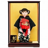 市松人形 齊藤公司作 13号 正絹仕立て 黒地 桜柄 ケース入り 横幅42cm