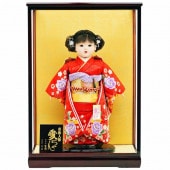 市松人形 齊藤公司作 13号 赤 花柄 ケース入り 横幅42cm