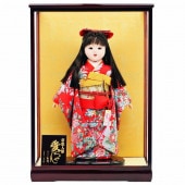 市松人形 齊藤公司作 13号 赤 花柄 ケース入り 横幅42cm