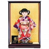 市松人形 齊藤公司作 13号 紫地 花柄 ケース入り 横幅42cm