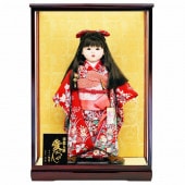 市松人形 齊藤公司作 13号 赤 花柄 ケース入り 横幅42cm