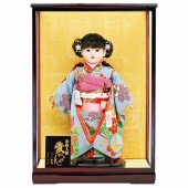 市松人形 齊藤公司作 13号 水色 花や蝶 ケース入り 横幅42cm