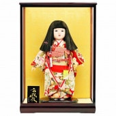 市松人形 齊藤公司作 13号 正絹仕立て 赤 花柄 ケース入り 横幅42cm