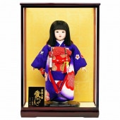 市松人形 齊藤公司作 13号 正絹仕立て 艶やかな紫地 花柄 ケース入り 横幅42cm