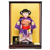 市松人形 齊藤公司作 13号 正絹仕立て 艶やかな紫地 花柄 ケース入り 横幅42cm