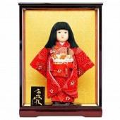 市松人形 齊藤公司作 10号 正絹仕立て オレンジ 絞り染め ケース入り 横幅39.5cm