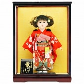 市松人形 齊藤公司作 10号 正絹仕立て 桜柄 ケース入り 横幅39.5cm