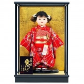 市松人形 齊藤公司作 8号 京都西陣裂地 花柄 ケース入り 横幅29cm