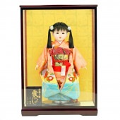 市松人形 齊藤公司作 13号 京都西陣裂地 花柄 ケース入り 横幅42cm