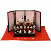 雛人形 こひな 木目込み 桃色さくら 十五人飾り さくら刺繍水色 毛せん付き 横幅50cm