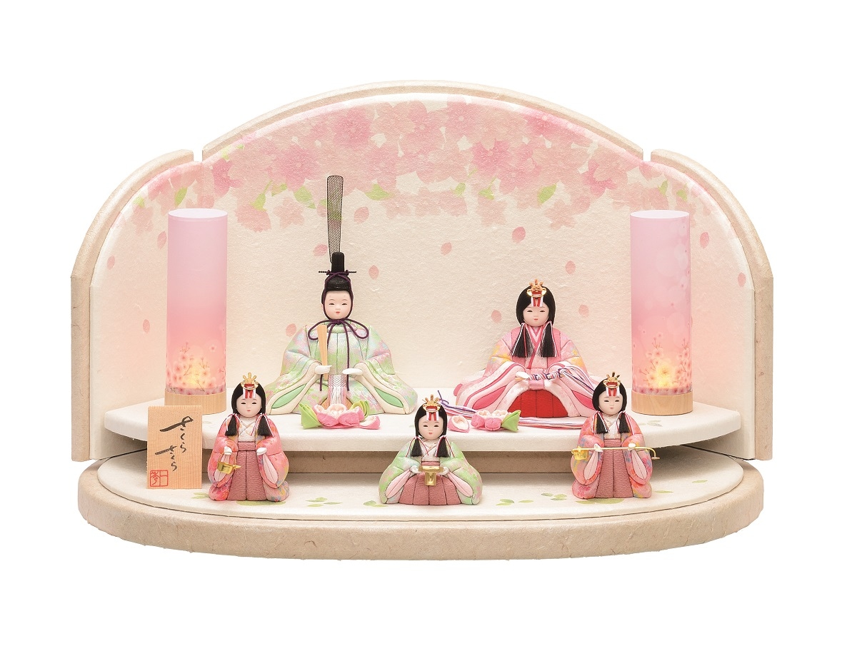 雛人形 一秀 木目込み さくらさくら 五人飾り コードレス雪洞付 横幅52cm