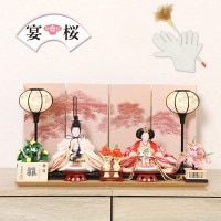 雛人形 宴桜 親王飾り 木製台ピンク和紙屏風 横幅55cm