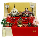 雛人形 工房天祥 三段飾り 五人飾り 優雅雛 東玉 毛氈風 段掛け飾り 赤 横幅84cm