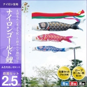 鯉のぼり 庭園用 キング印 ナイロンゴールド鯉 五色吹流し 庭園セット 黒鯉2.5m 金太郎なし