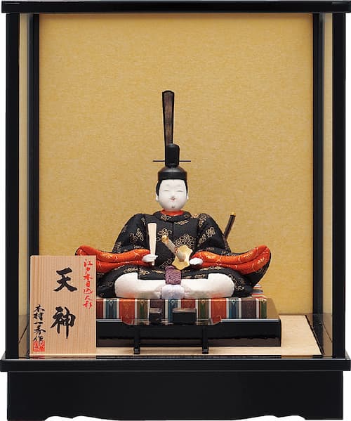 【美品】一秀　桃山雛　江戸木目込み人形　ガラスケース入り 新作 木村一秀作 五人飾 桃山雛 ブラウンドット 3人 官女