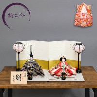 雛人形 新古今雛 小三五親王飾り 正絹帯 露草柄金屏風 横幅60cm