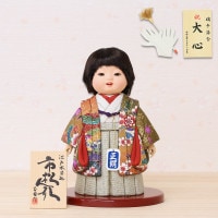 市松人形 齊藤公司作 ミニ松 正絹 口開き レザー 横幅16.5cm